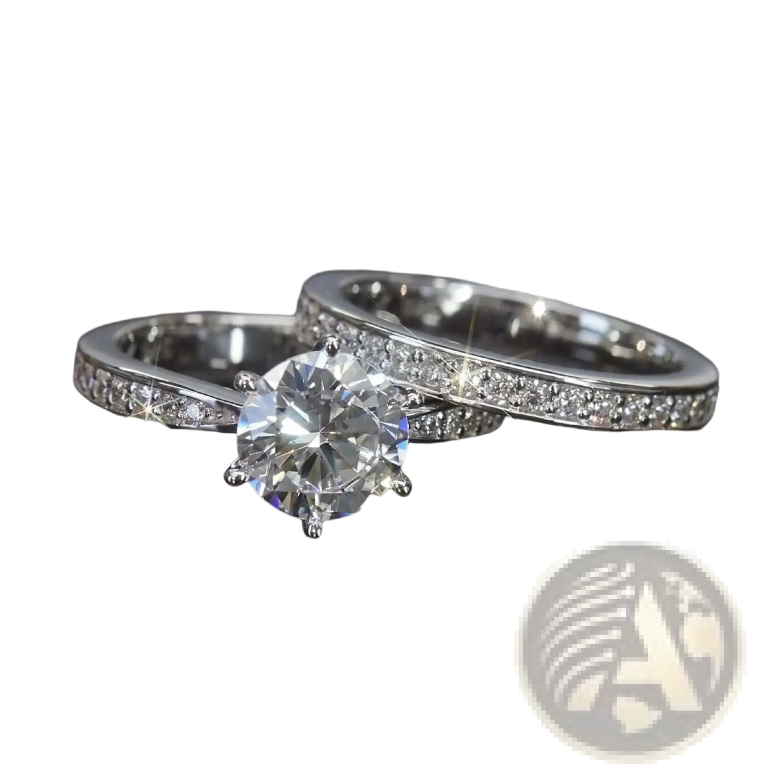 A round cut zircon wedding ring set in white gold finish with a sparkling central stone and pavé-set diamonds along the band