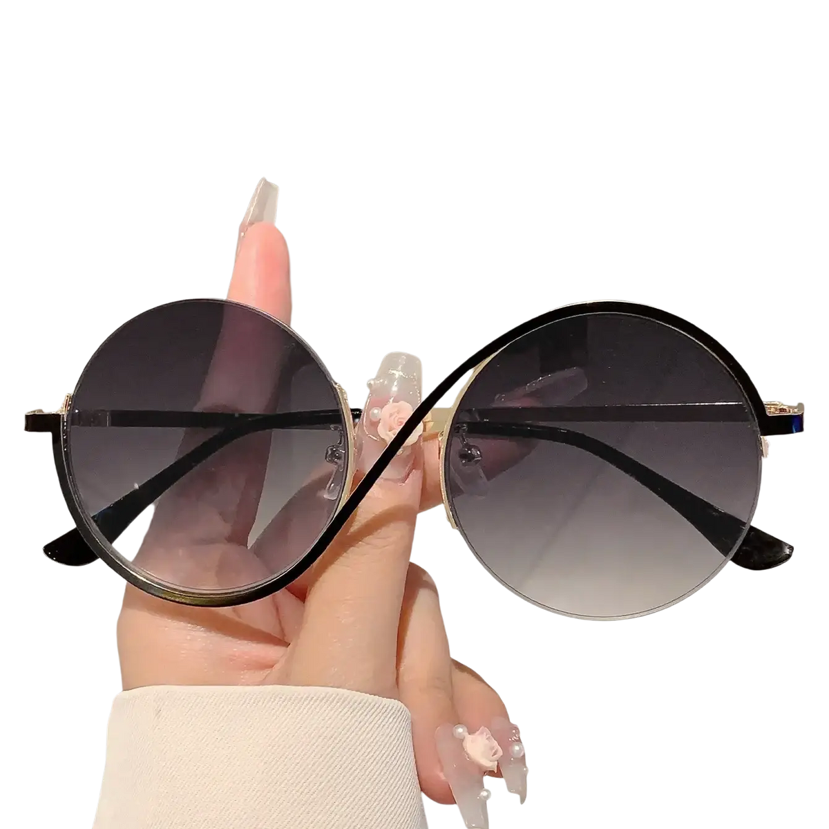 Black round frame sunglasses with gradient gray lenses and gold-tone metal frames for fashionable outfits and applicable scenarios