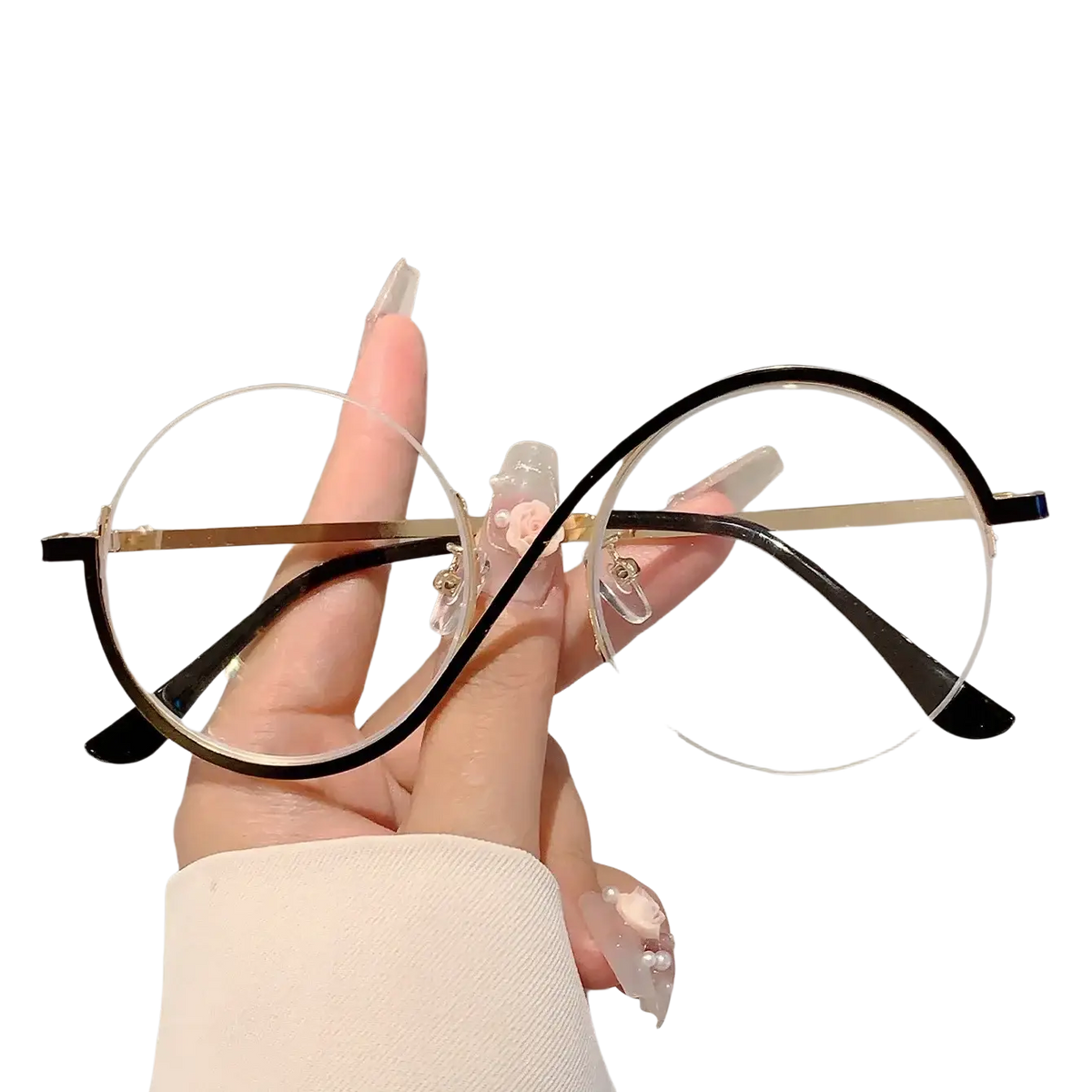Black and gold round frame sunglasses with clear lenses and floral charms suitable for fashionable outfits and applicable scenarios