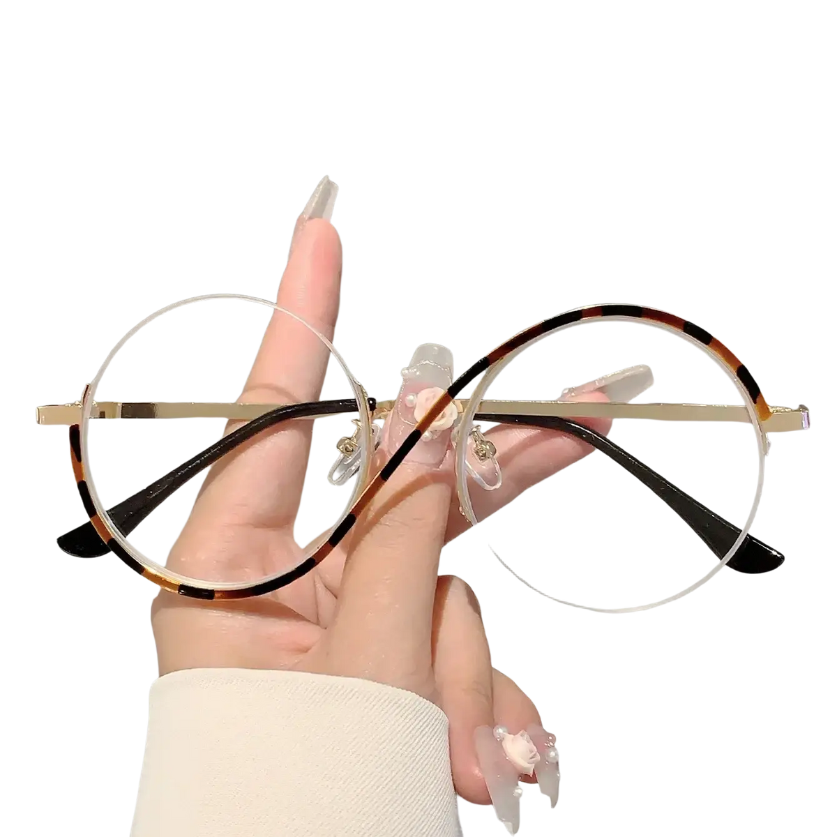 Round frame sunglasses with tortoiseshell temples and gold metal accents featuring clear lenses for fashionable outfits