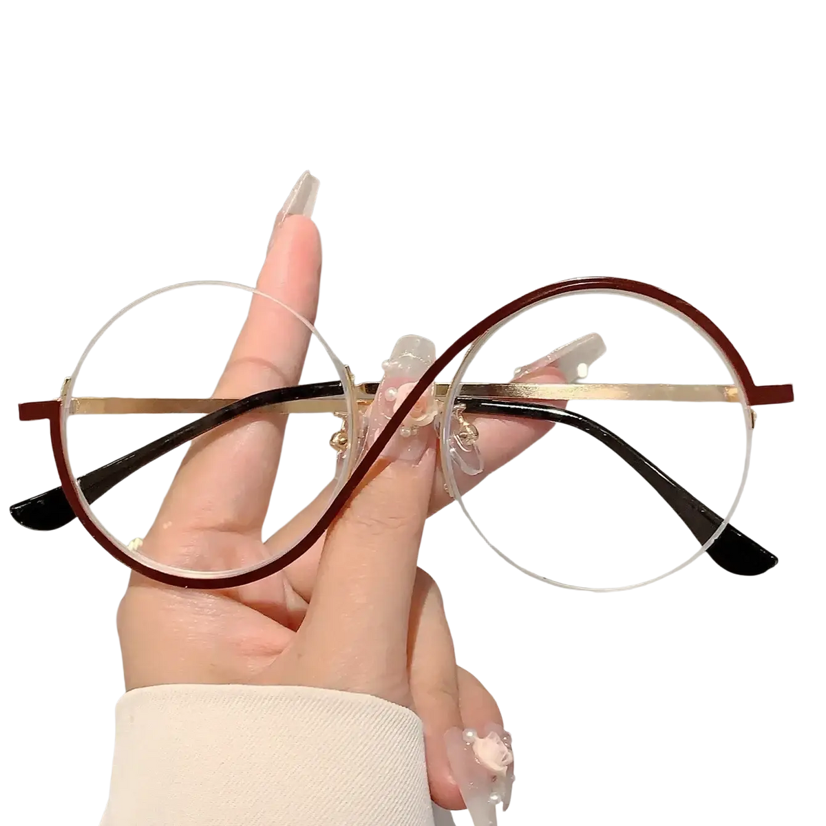 Round frame sunglasses with maroon and black acetate temples and gold metal details for fashionable outfits and applicable scenarios