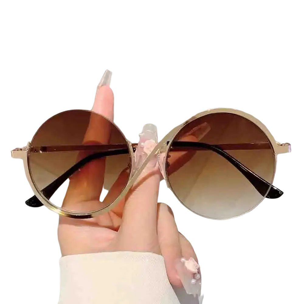 Gold-rimmed round frame sunglasses with gradient brown lenses and black tips, ideal for fashionable outfits and applicable scenarios