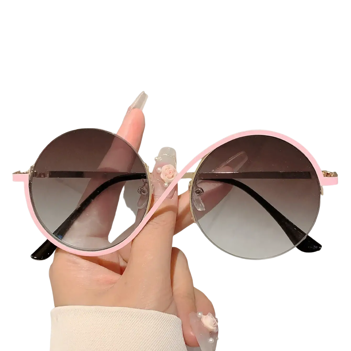 Pink round frame sunglasses with gradient brown lenses and gold-tone accents for fashionable outfits and applicable scenarios