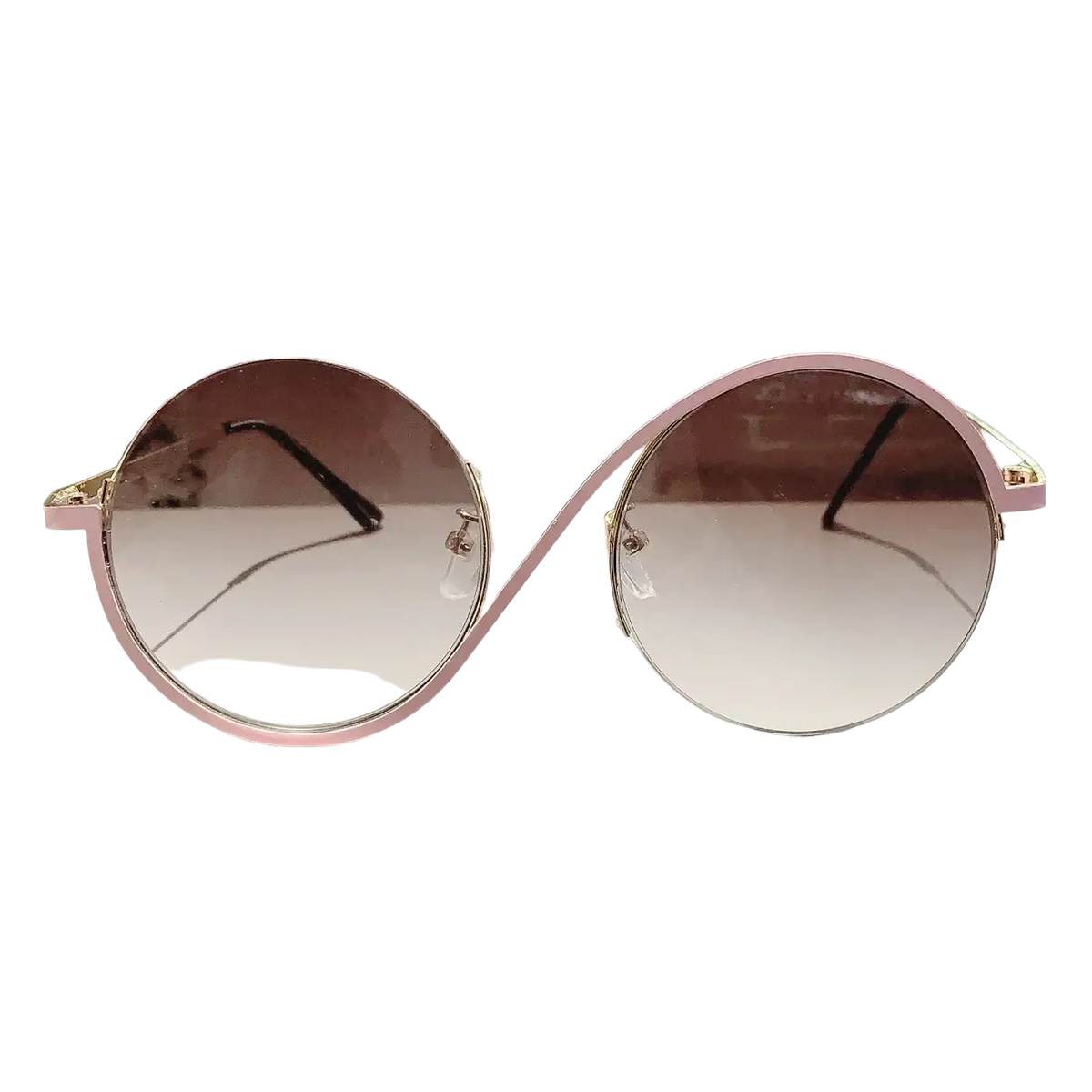 Round frame sunglasses with pink gold-tone metal frames and gradient brown lenses for fashionable outfits and applicable scenarios