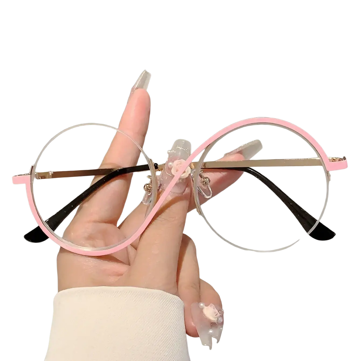 Pink round frame sunglasses with clear lenses, black temple tips, and floral clasp for fashionable outfits and applicable scenarios