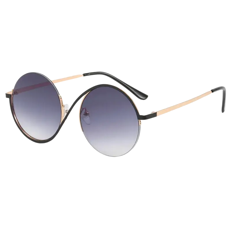 Round frame sunglasses with black and rose gold metal frame and gradient gray lenses for fashionable outfits and applicable scenarios