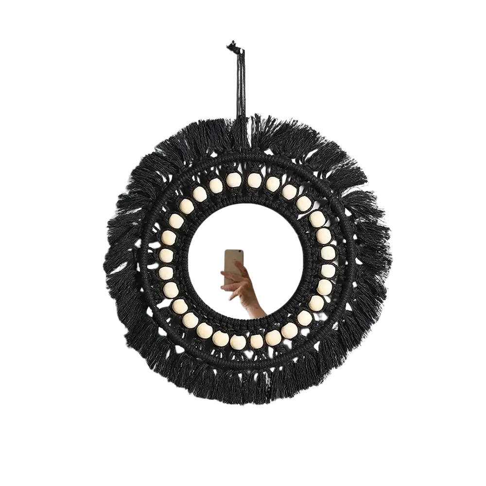 Round macrame wall mirror with black fringe and cream-colored beads decorative mirrors for boho decor
