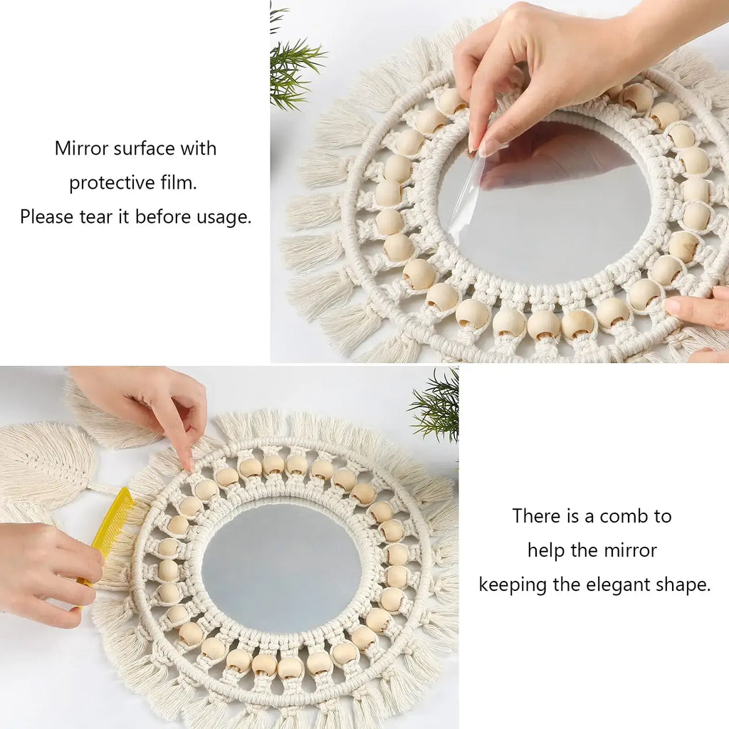 Round macrame wall mirror with cream woven frame, wooden beads, and tassels as decorative round mirror for walls