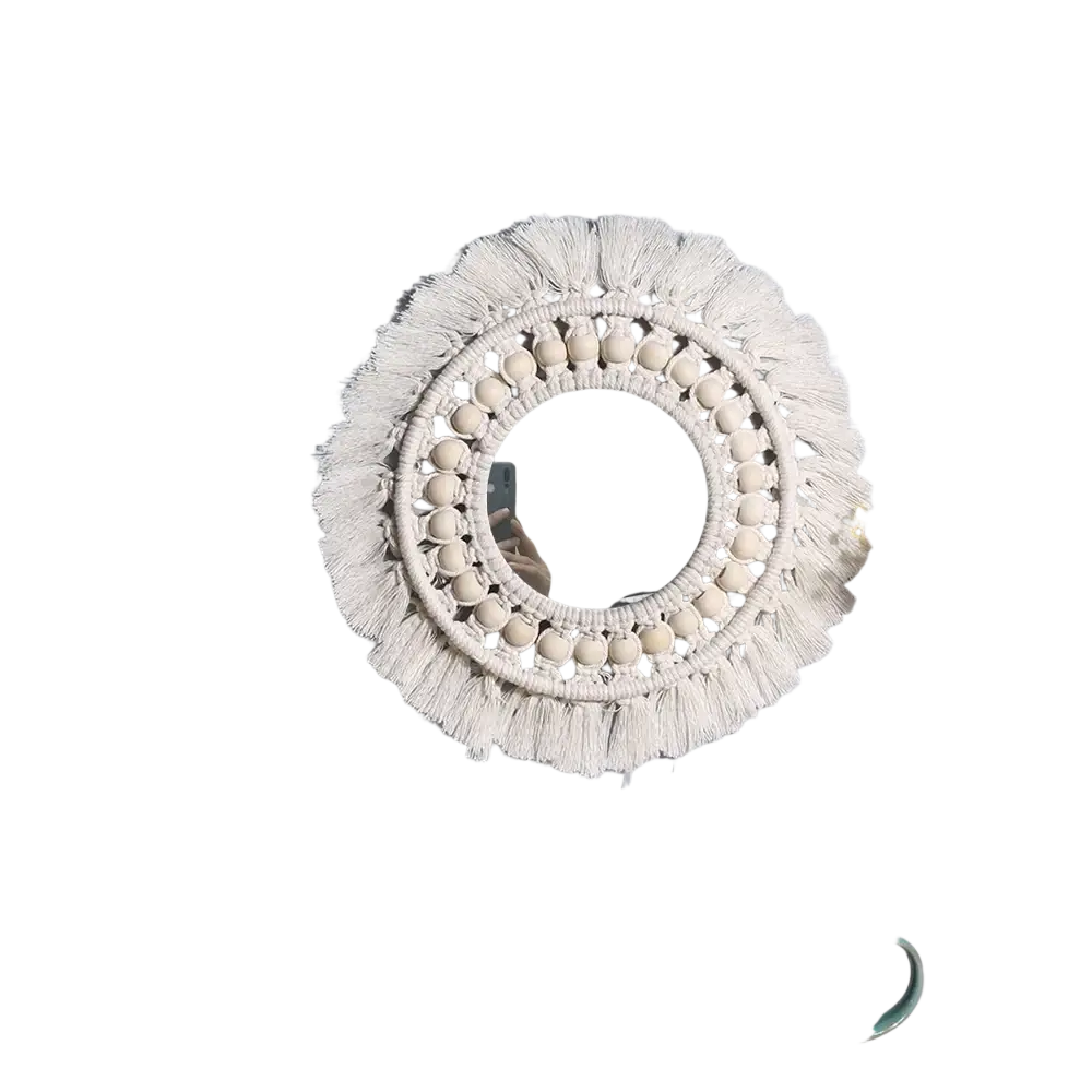 White macrame round mirror with fringed edges and beaded detailing decorative wall mirror for boho decor