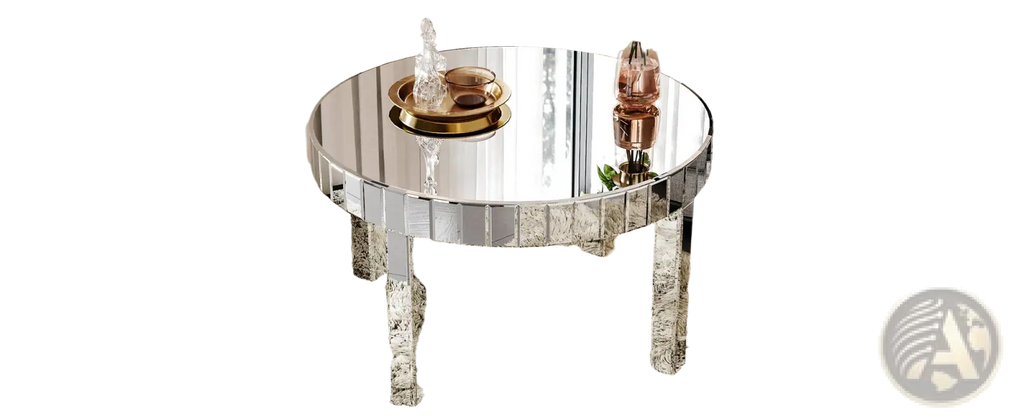 Round mirror coffee table 31.5 inch silver with shiny mirrored circular top and faceted glass fluted legs