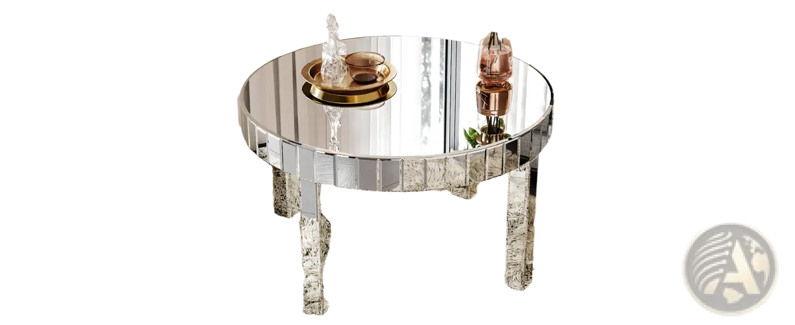 Round mirror coffee table 31.5 inch silver with shiny mirrored circular top and faceted glass fluted legs