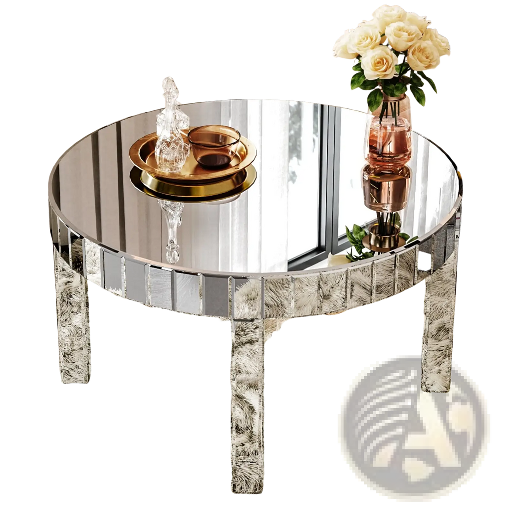 Round mirror coffee table 31.5 inch silver fluted glass with circular mirrored top and chrome rectangular mirror legs