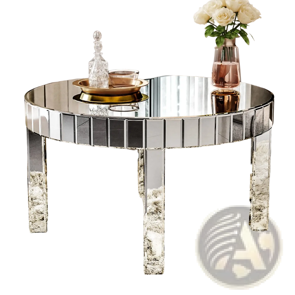 Round mirror coffee table with silver fluted glass top and chrome-finished legs featuring a sleek reflective surface