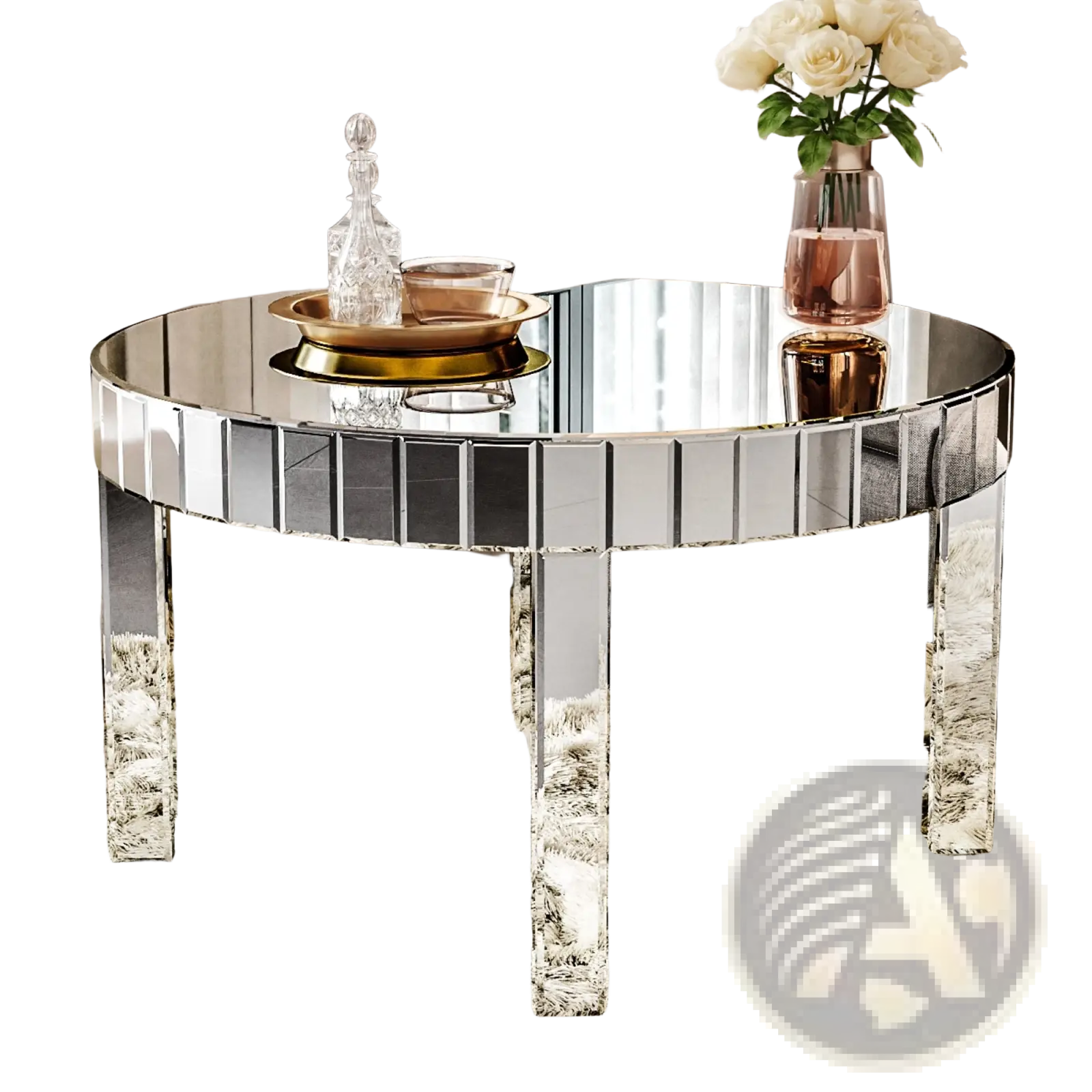 Round mirror coffee table with silver fluted glass top and chrome-finished legs featuring a sleek reflective surface