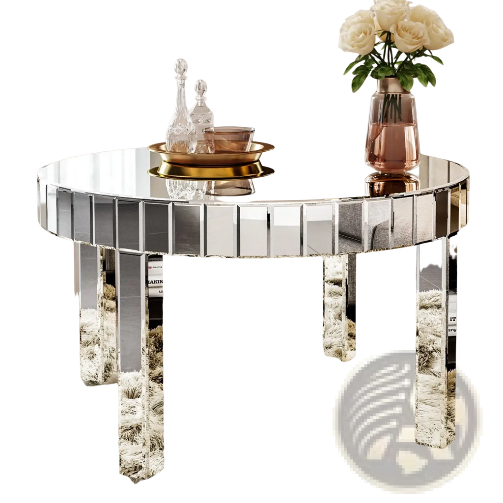 Round mirror coffee table 31.5 inch silver fluted glass with shiny mirrored circular top and four reflective legs