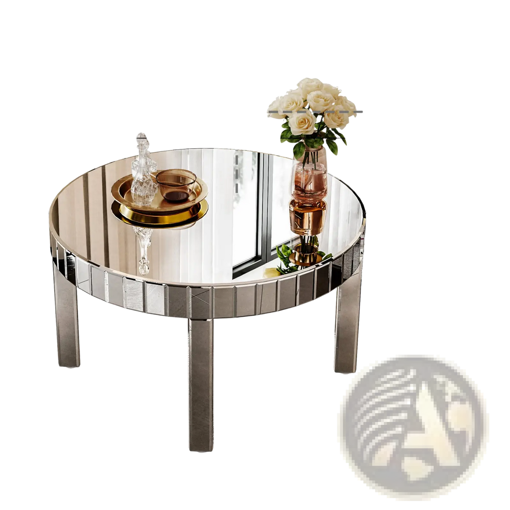 Round mirror coffee table 31.5 inch silver fluted glass with shiny mirrored surface and sleek metallic legs