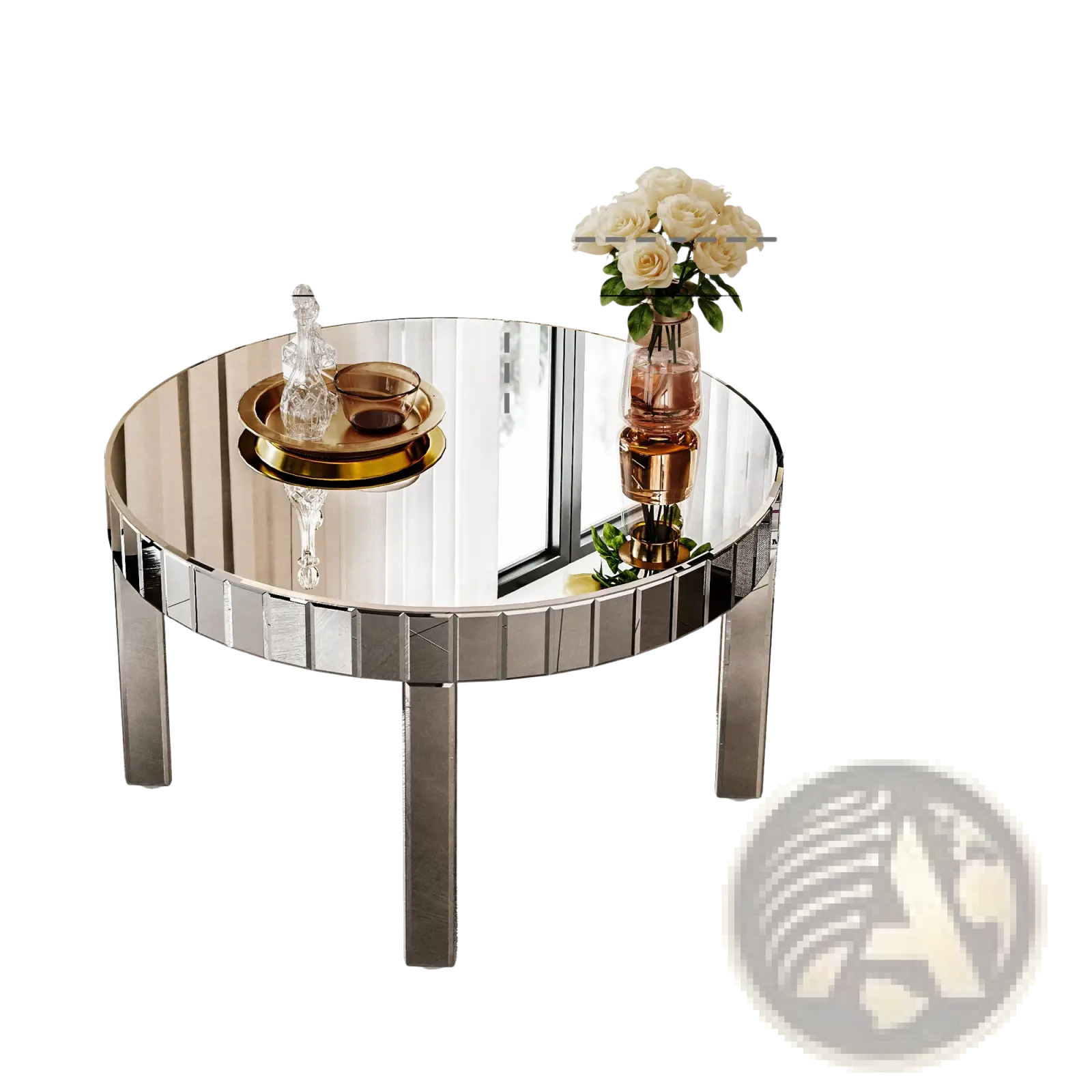 Round mirror coffee table 31.5 inch silver fluted glass with shiny mirrored surface and sleek metallic legs