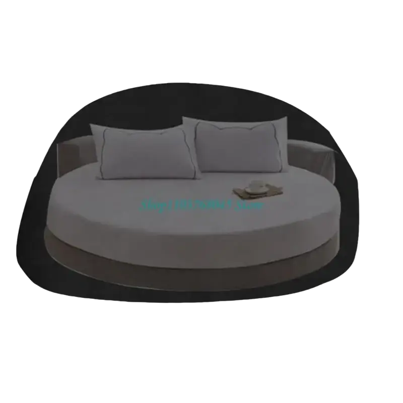 Modern round outdoor daybed with plush gray cushion and black 210d oxford cloth cover and dark charcoal frame