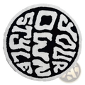 Round plush black and white rug with a textured surface featuring bold stylized lettering for minimalist decor