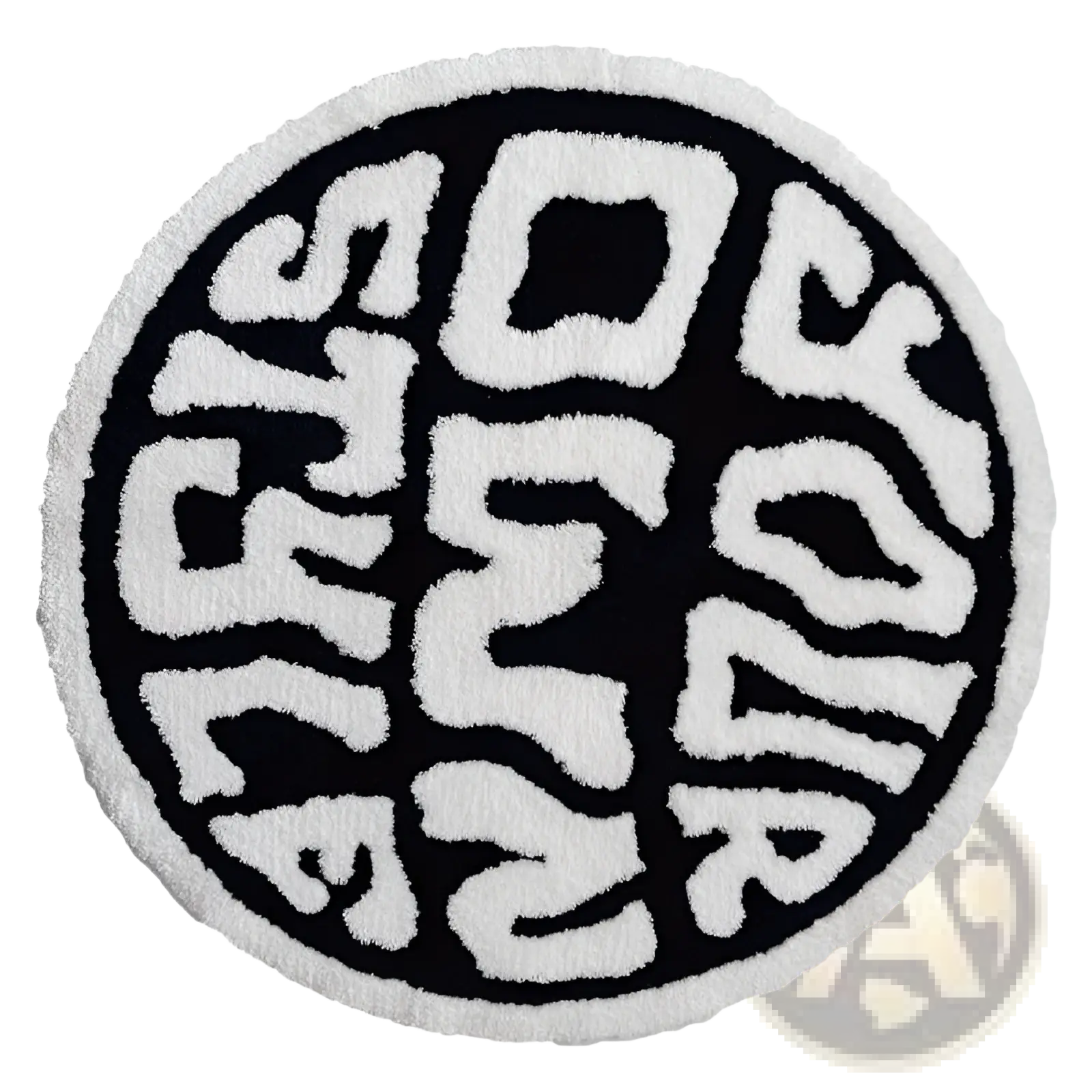 Round plush black and white rug with a textured surface featuring bold stylized lettering for minimalist decor