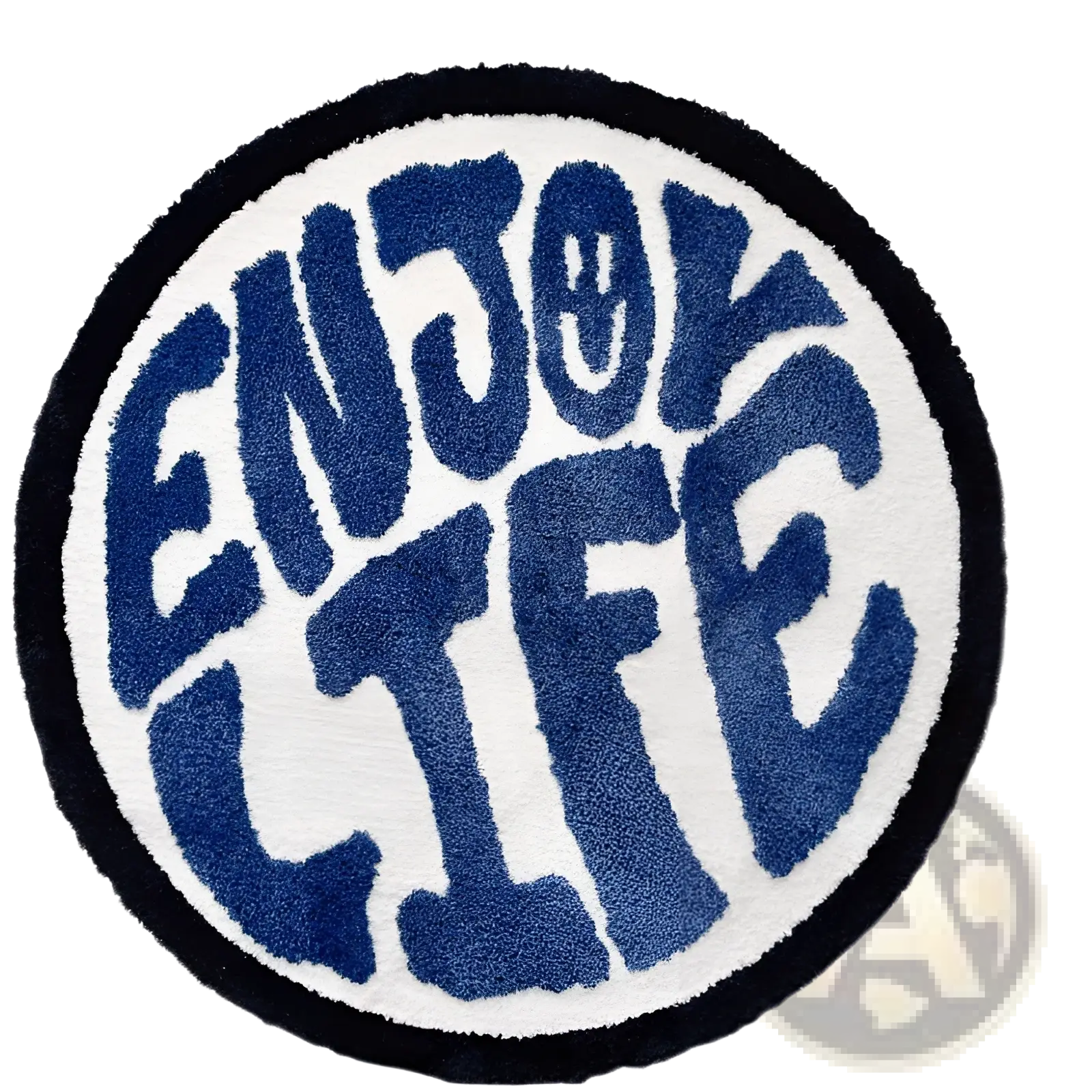 Round plush rug with enjoy life bold blue lettering on white center and black border minimalist print carpet