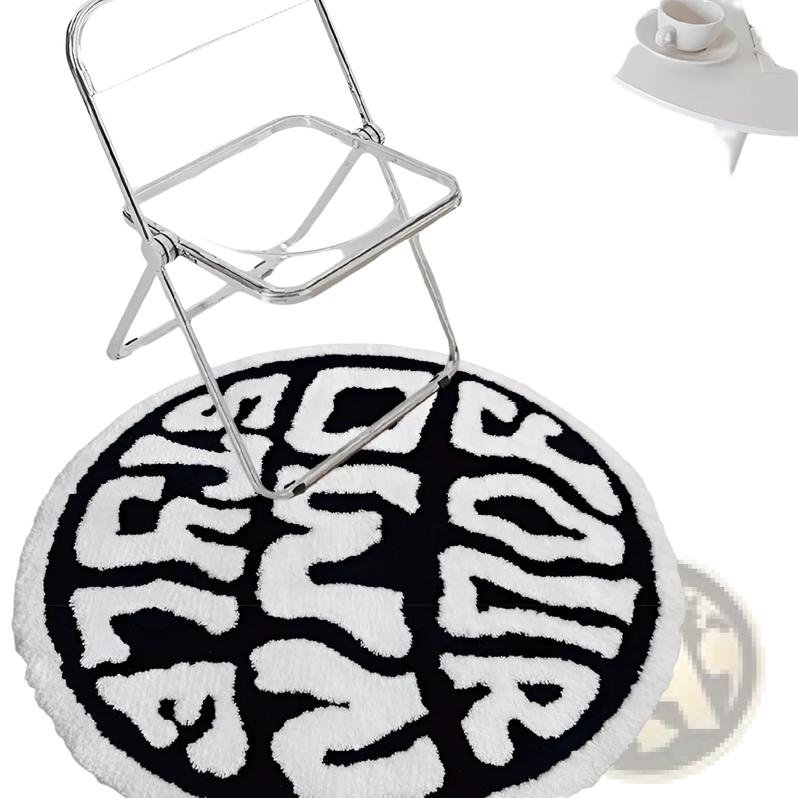 Round plush rug with black and white minimalist print featuring bold fluffy lettering spelling sour in modern font