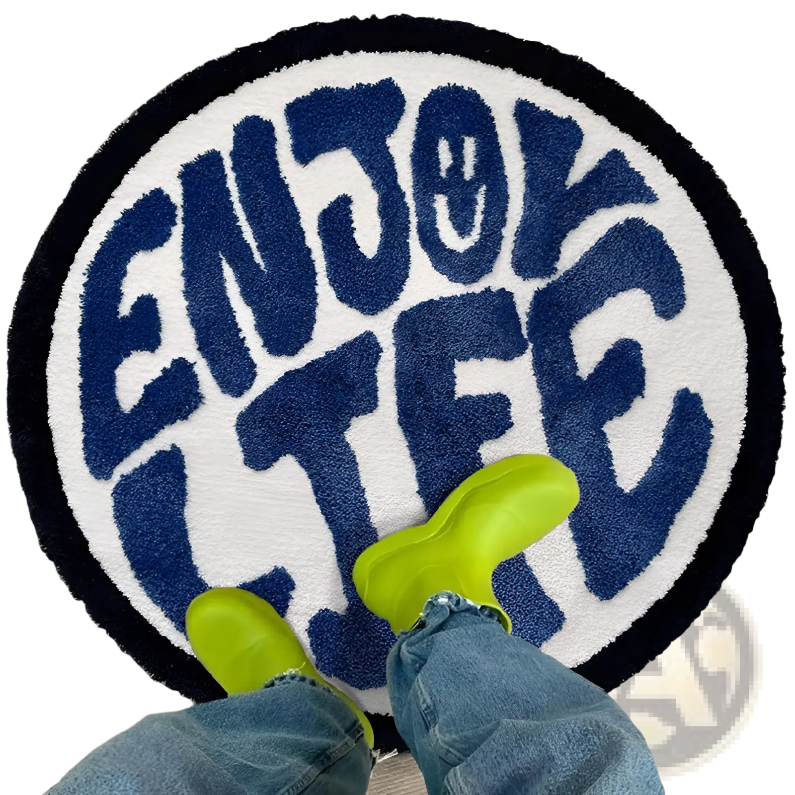 Round plush rug with enjoy life minimalist bold navy blue lettering on white background with black border