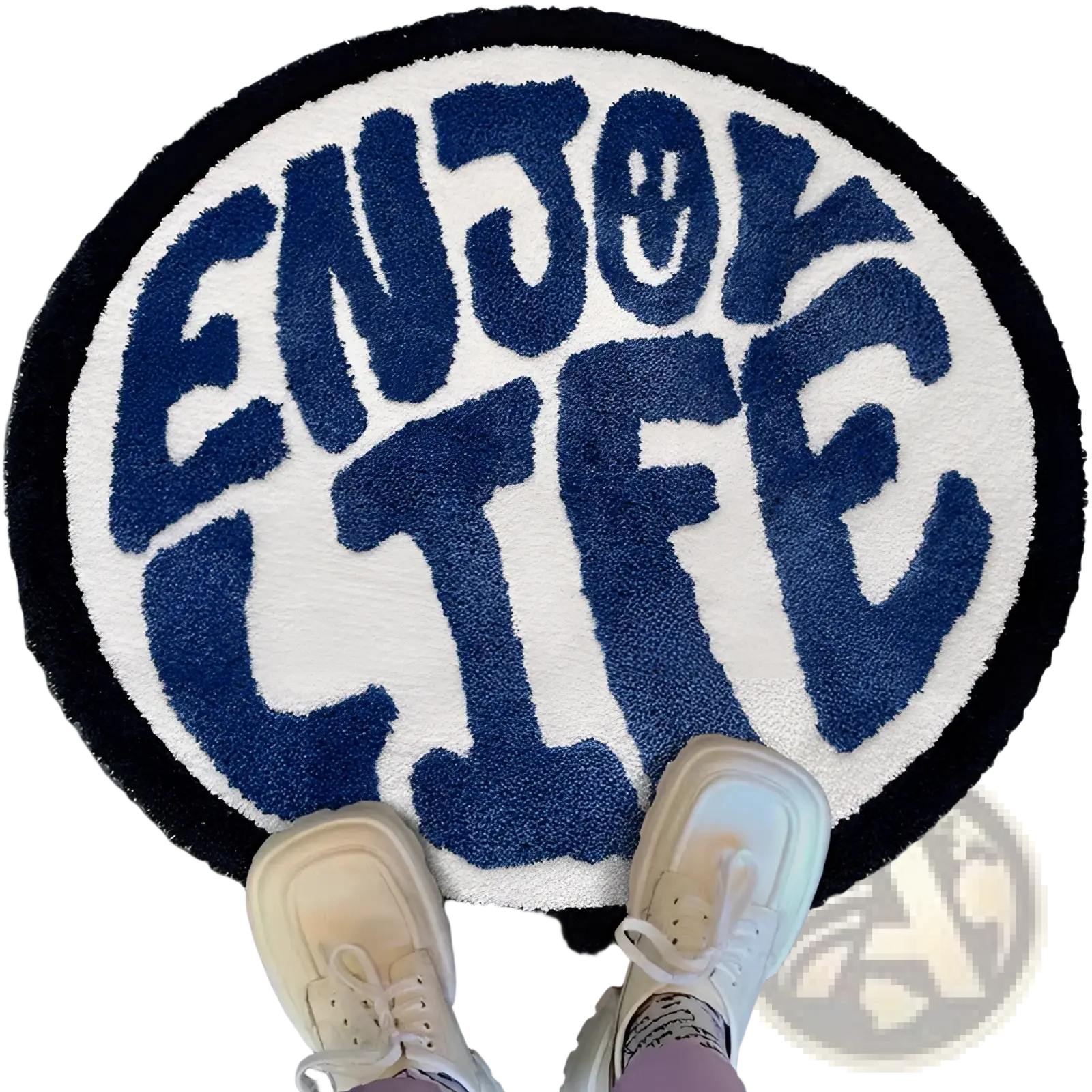 Round plush rug with enjoy life navy blue lettering on white background and black border minimalist print carpet