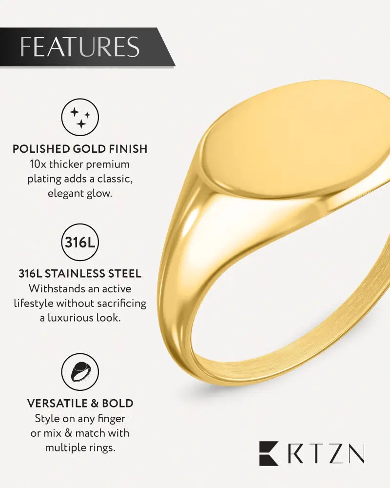 18k gold polished oval signet ring with smooth face and stainless steel 316l sturdy band