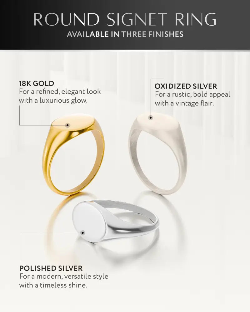 Three round signet rings featuring 18k gold, oxidized silver, and polished silver finishes in stainless steel design