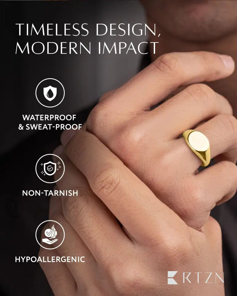 18k gold polished oval signet ring in stainless steel with smooth face and polished edges
