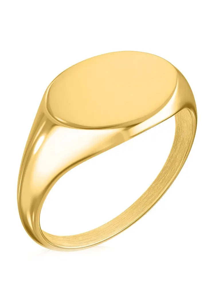 18k gold polished oval signet ring with smooth face and stainless steel band for elegant wear