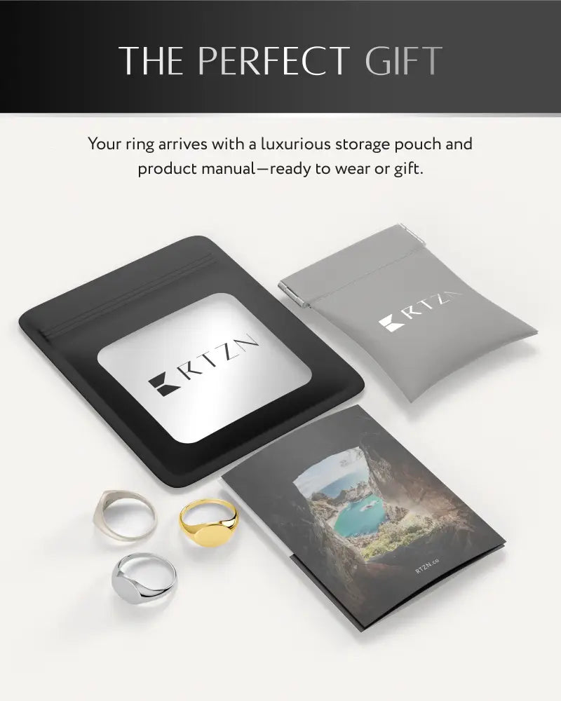 Black rectangular ring storage box with silver metallic ktzn logo insert for oxidized round signet ring in 316l stainless steel