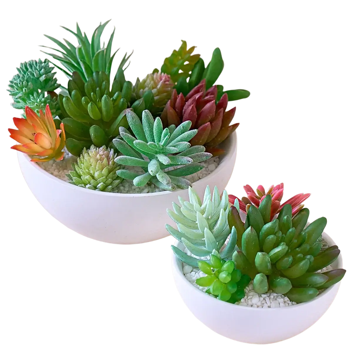 White ceramic bowl with artificial succulents in green red and orange made using round silicone mold for concrete bowls