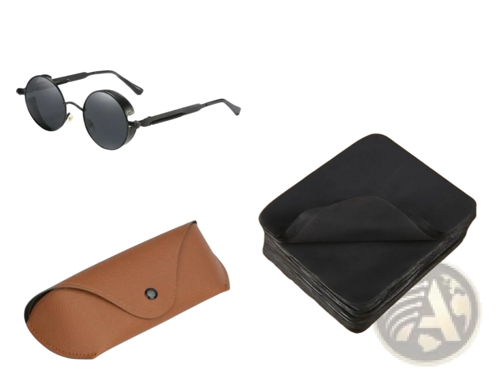 Black round-framed steampunk metal sunglasses with matte finish and uv protection with leather case and microfiber cloths