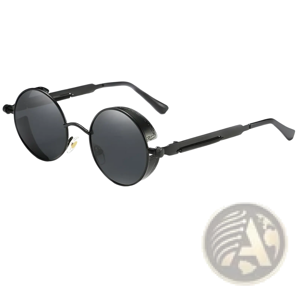 Round steampunk metal sunglasses with black frames, dark gray lenses, metallic accents, and uv protection model 6631