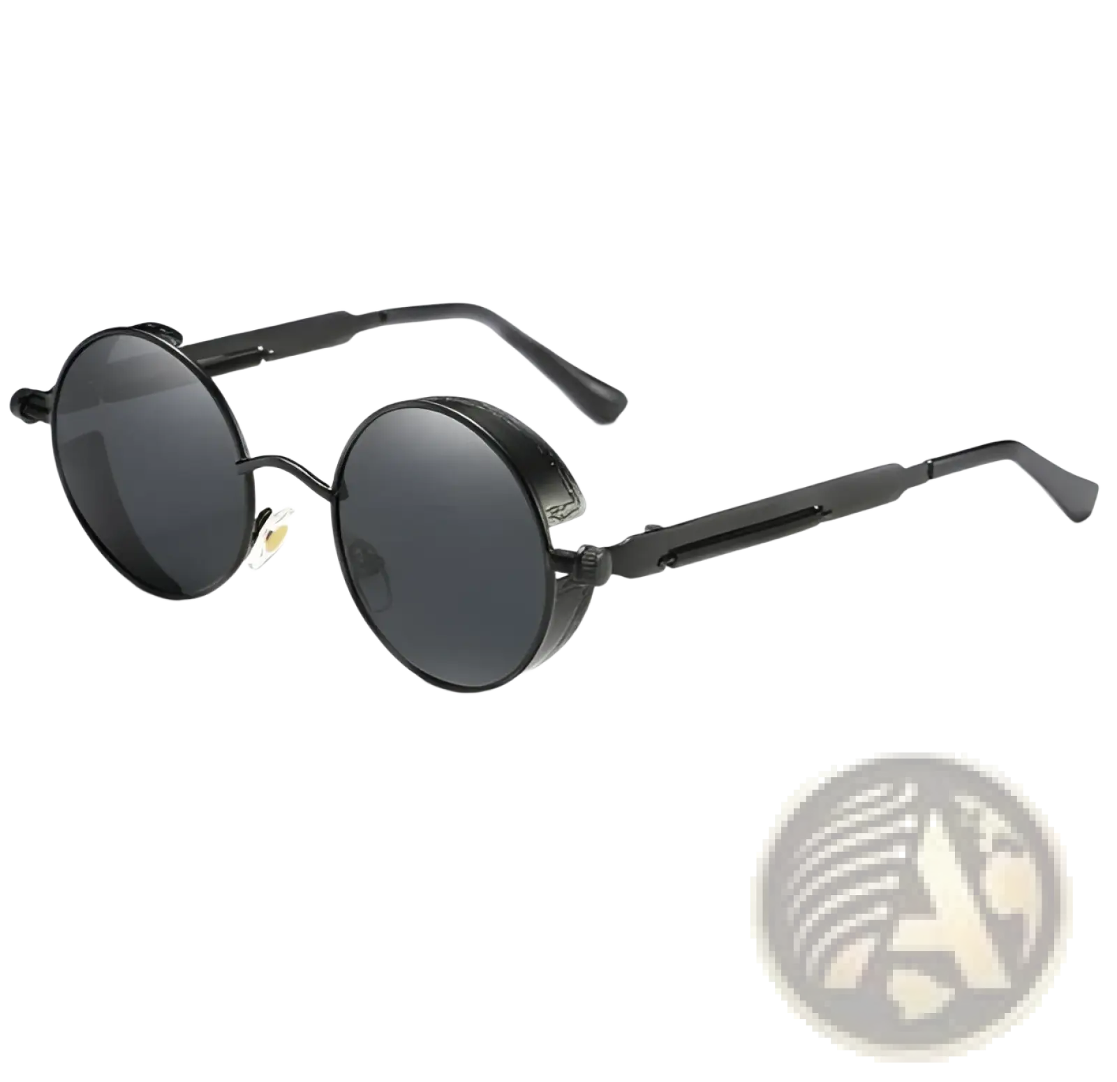 Round steampunk metal sunglasses with black frames, dark gray lenses, metallic accents, and uv protection model 6631