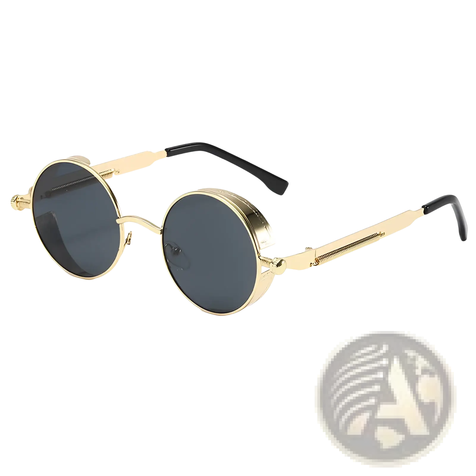 Round steampunk metal sunglasses with gold-tone frames, dark gray UV protection lenses, and black temple tips