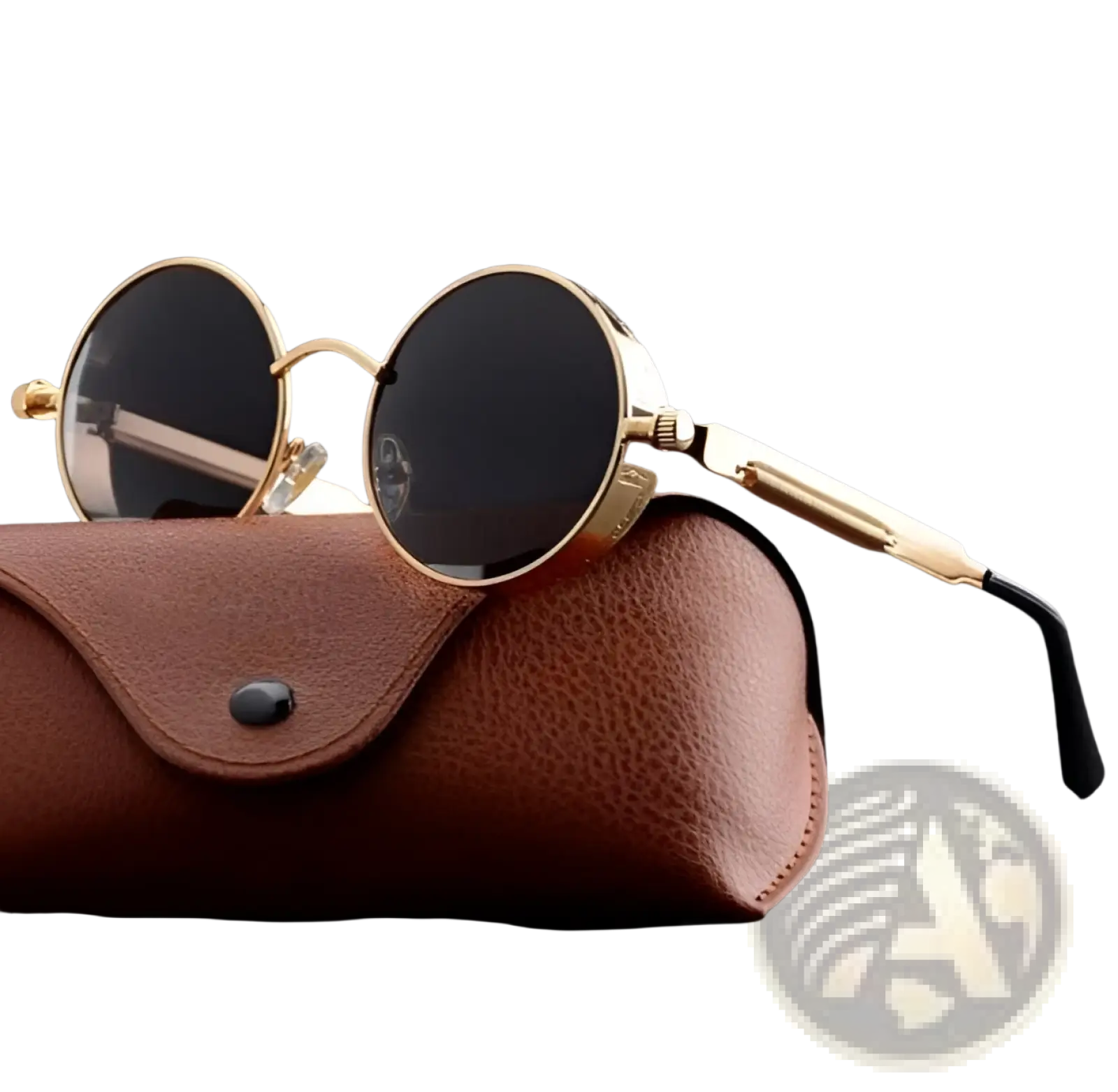 Round steampunk metal sunglasses with gold rims dark lenses resting on a brown leather case with uv protection