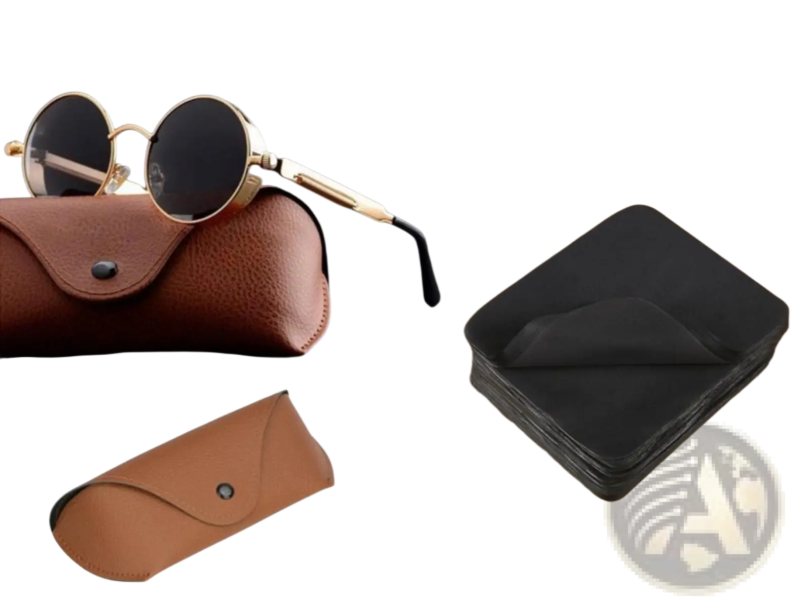 Round steampunk metal sunglasses with gold-rimmed lenses resting in a brown leather case with uv protection