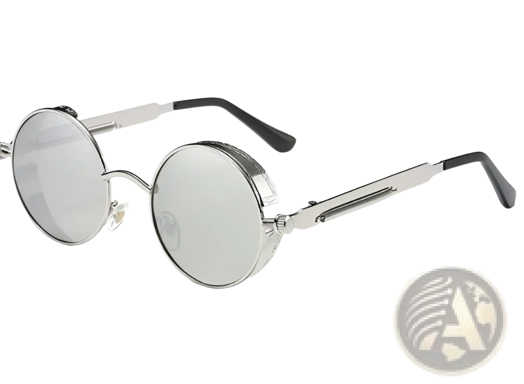 Round steampunk metal sunglasses with silver frames, mirrored lenses, black temple tips, and uv protection 6631