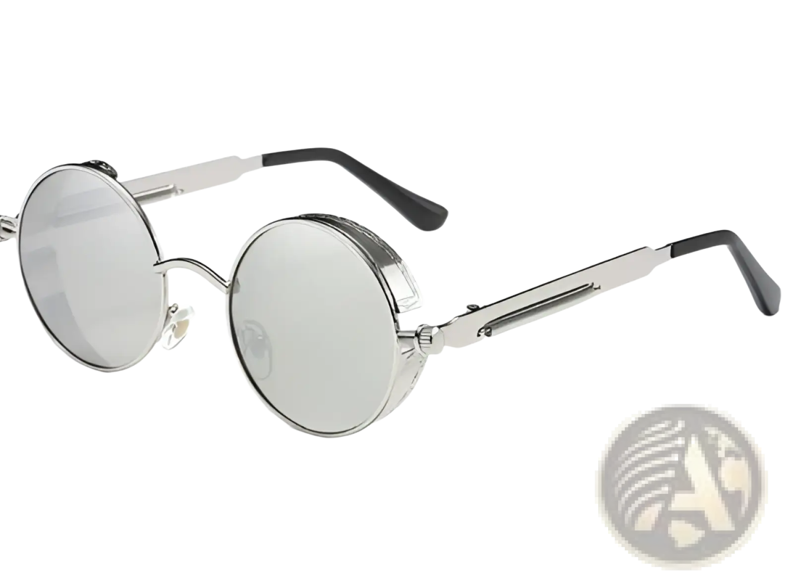 Round steampunk metal sunglasses with silver frames, mirrored lenses, black temple tips, and uv protection 6631