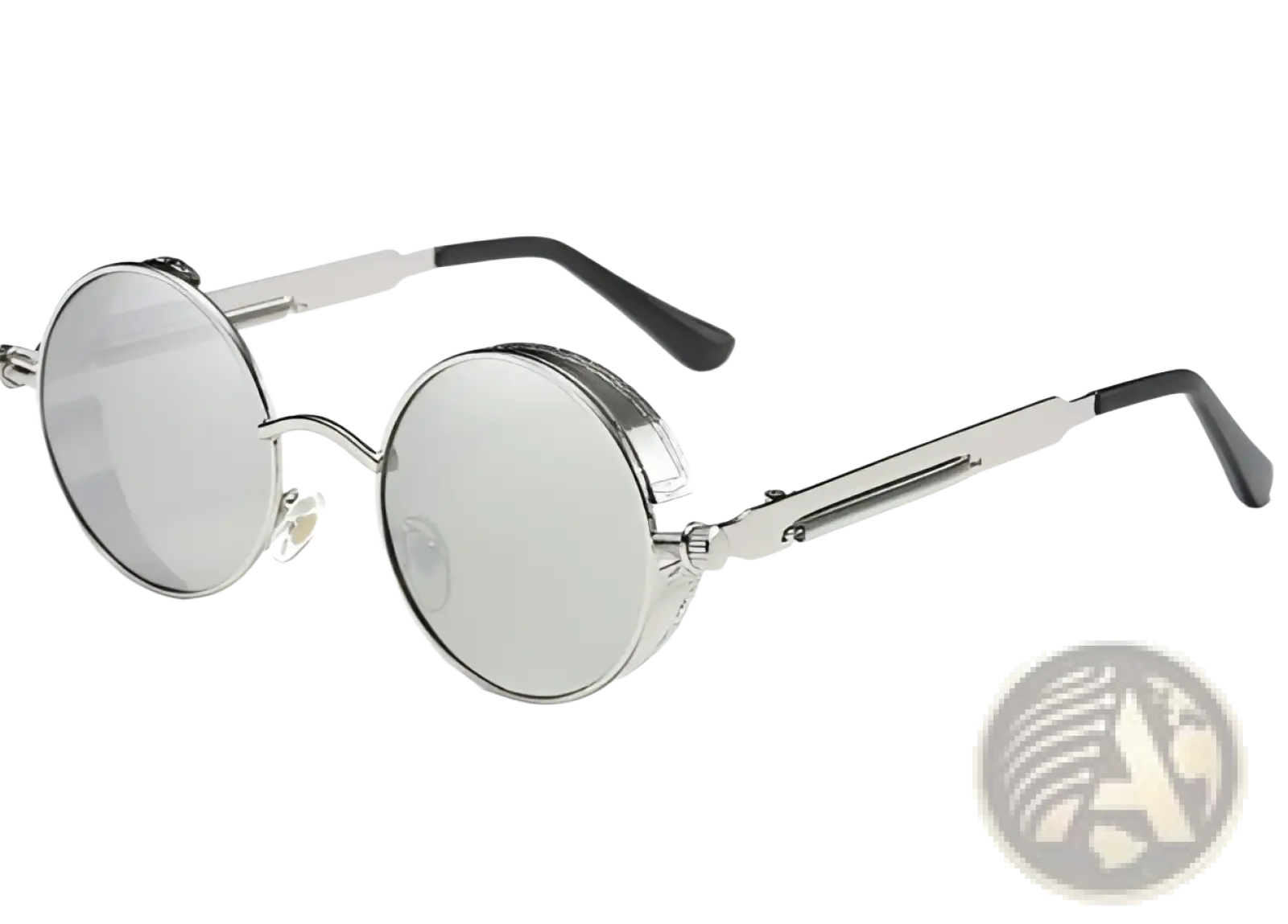 Round steampunk metal sunglasses uv protection 6631 with silver-toned frame mirrored lenses and black temple tips
