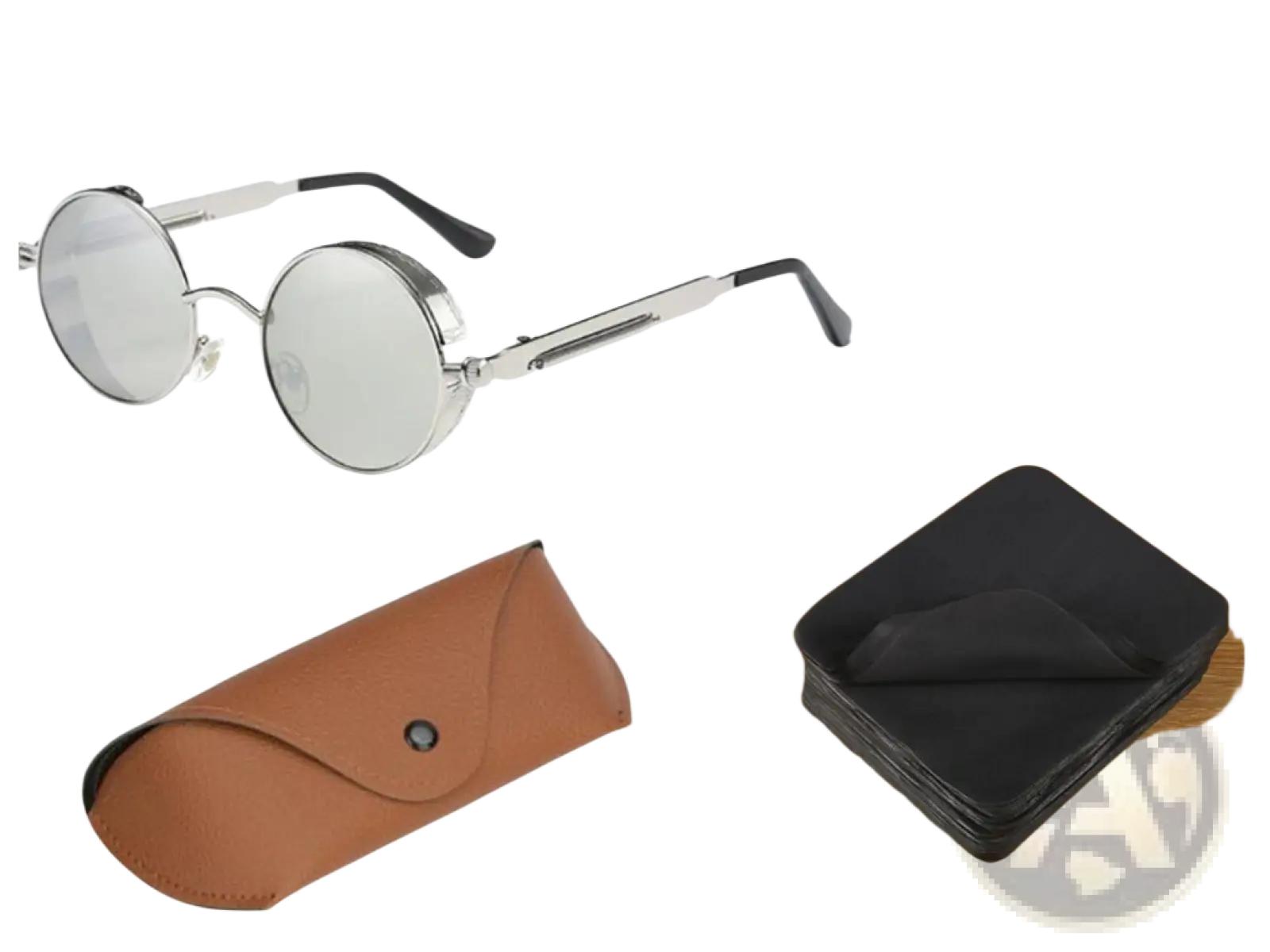 Round steampunk metal sunglasses with reflective silver lenses, metallic frame, black temple tips, and uv protection 6631
