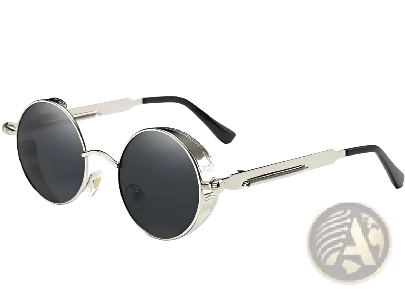 Silver-framed round steampunk metal sunglasses with black lenses and UV protection model 6631