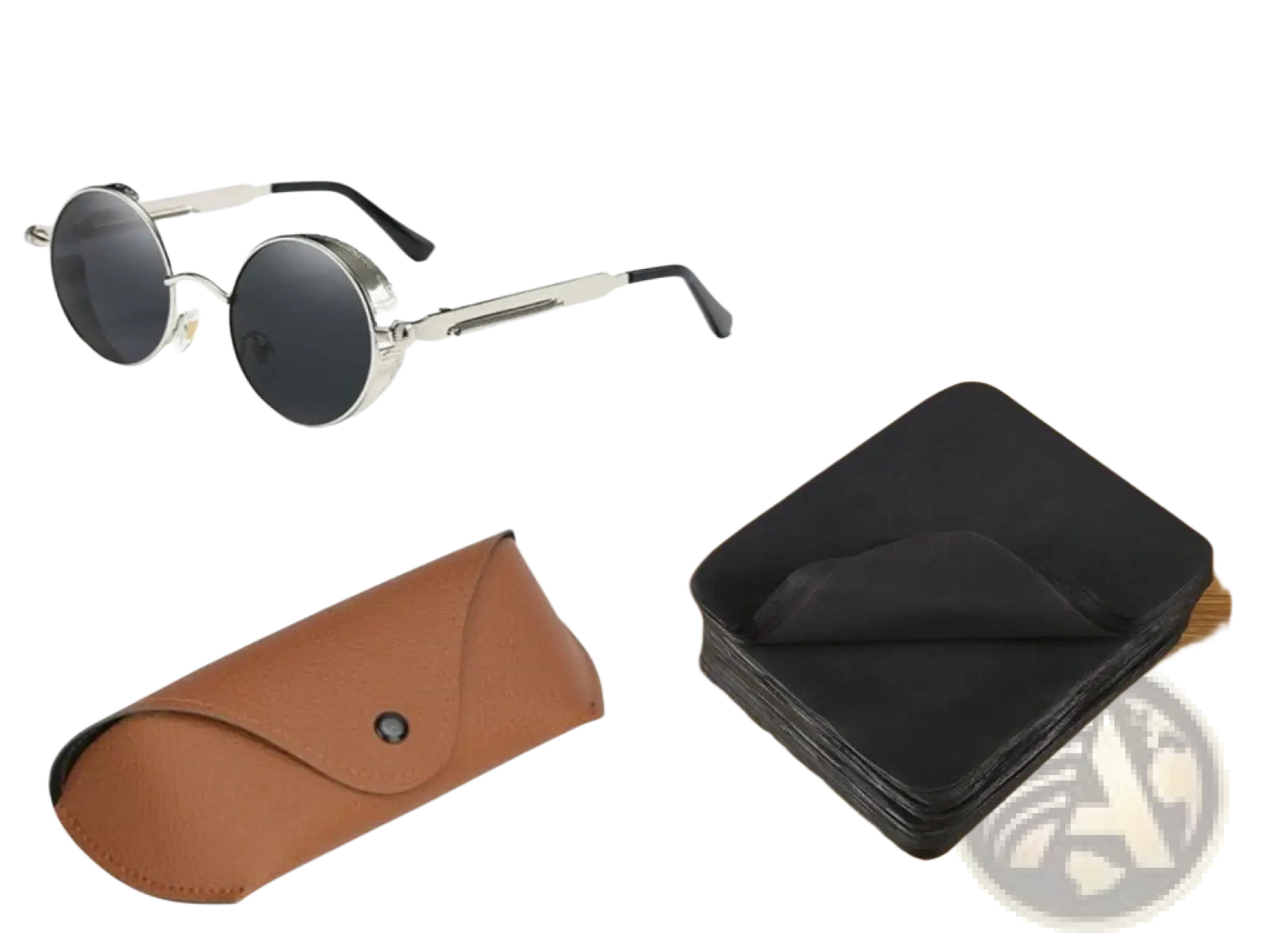 Stylish round steampunk metal sunglasses with dark lenses silver frame and a brown leather case for uv protection