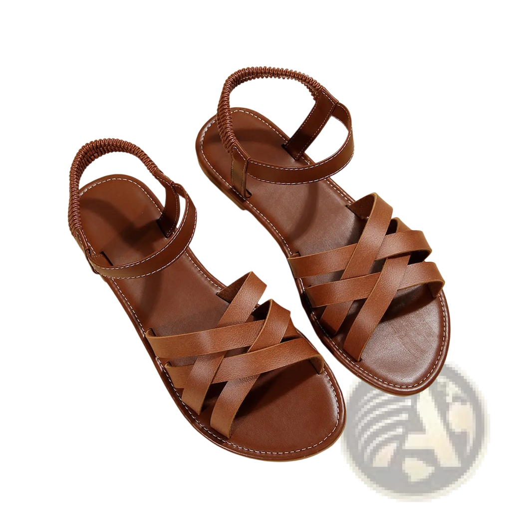 Round toe flat sole leather sandals for women in brown with braided ankle straps and crisscrossed toe straps