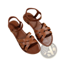 Round toe flat sole leather sandals for women in brown with braided ankle straps and crisscrossed toe straps
