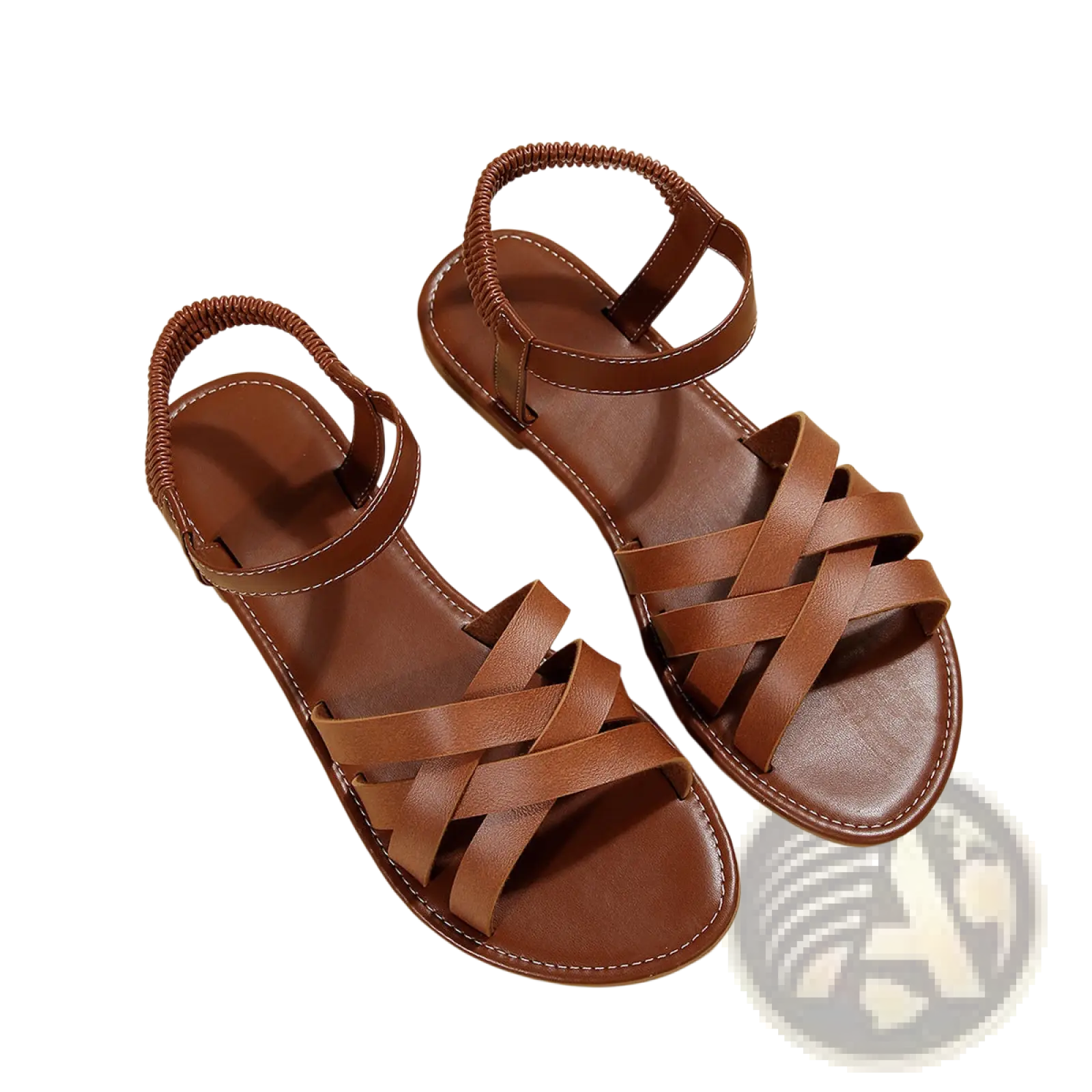 Round toe flat sole leather sandals for women in brown with braided ankle straps and crisscrossed toe straps