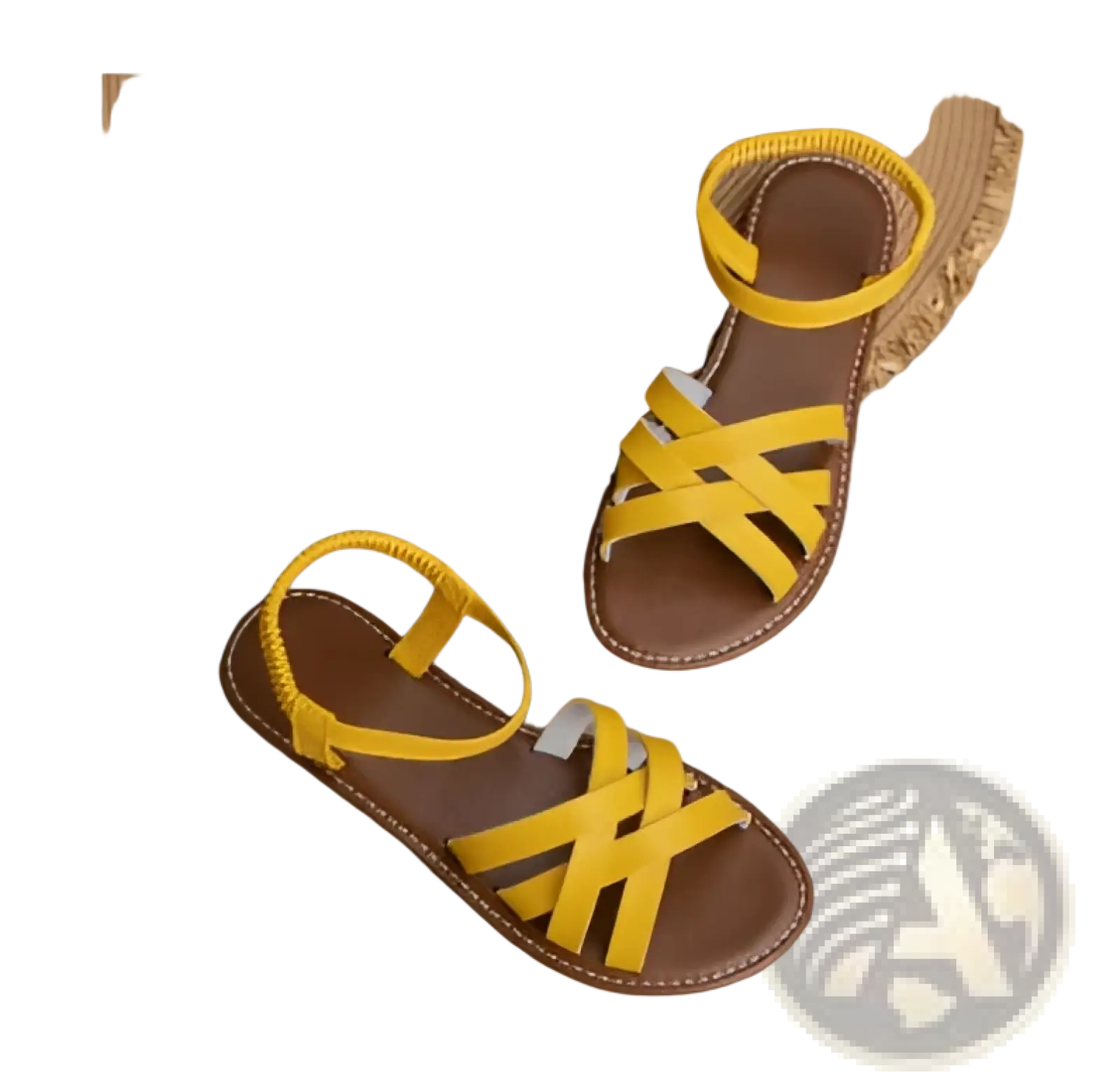 Bright yellow round toe flat sole leather sandals for women with brown leather soles and ankle straps